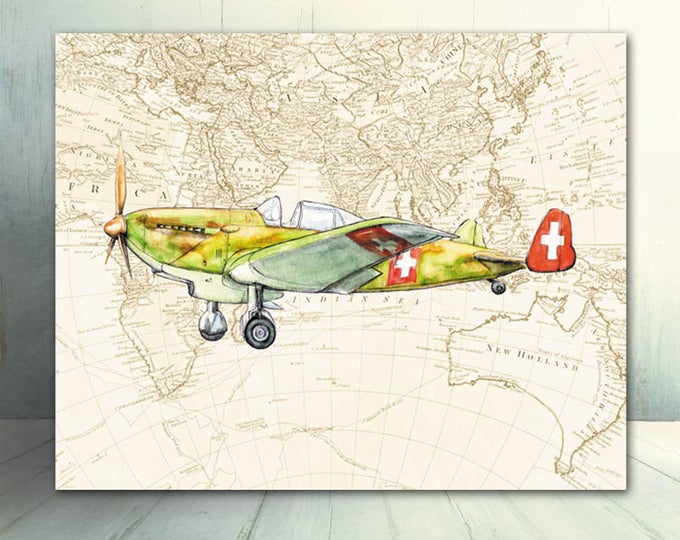 Vintage airplane decor Military airplane Boys nursery wall art Austrian K+W Prop driven aircraft print Transportation art Gift for pilot