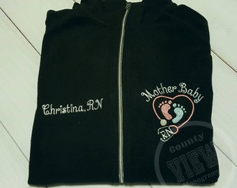 Mother Baby Nurse Fleece Jacket with FootPrints Stethoscope -RN LPN zipup light weight fleece jacket-CURTSY