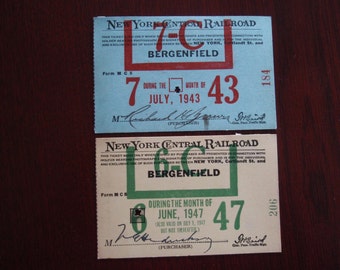 Lot of 2 Tickets Pass New York Cental Railraod Train BergenField July 1943 and June 1947 Collectible Paper Ephemera Memorabilia C397
