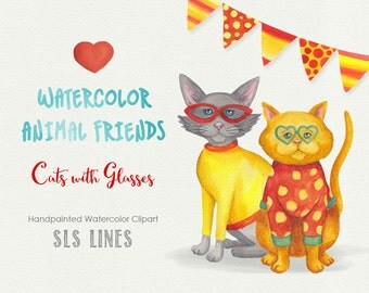 Funky Cat watercolor clipart, red and yellow cats with glasses illustration, nursery graphics, shower clipart, animal kitty clip art