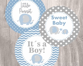 Elephant Printable Centerpieces, Blue and Grey Elephant Baby Shower Printable Party Circles, Instant Download, Boy Baby Shower Decoration