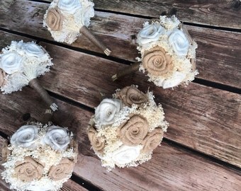 Burlap Bridesmaids Bouquets in Natural & Ivory : Burlap Bouquets, Bridesmaids Bouquets, Burlap Wedding Bouquets, Rustic Bouquets, Flowers