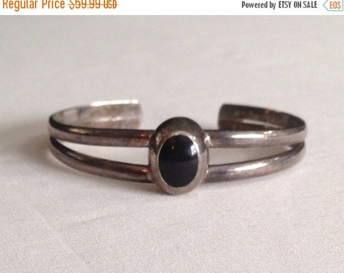 Storewide 25% Off SALE Vintage Sterling Silver Black Onyx Inlay Southwestern Artisan Style Cuff Bracelet Featuring Eclectic Modern Design
