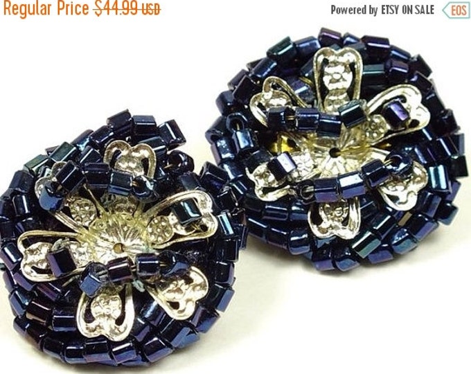 Storewide 25% Off SALE Beautiful Vintage Rosette Beaded Circular Clip Style Earrings Featuring Richly Appointed Blue Beads On Top Unique Sil