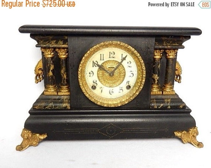 Storewide 25% Off SALE Antique 8 Day Elias Ingraham Adrian Green Marbled Wound Mantle Clock Featuring Ornate Gold Tone Accents With Time Str