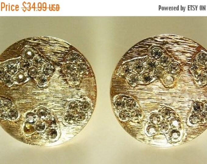 Storewide 25% Off SALE Vintage Beautiful & Stylish Circular Brushed Gold-tone Clip Earrings Featuring an Embellished Rhinestone Design