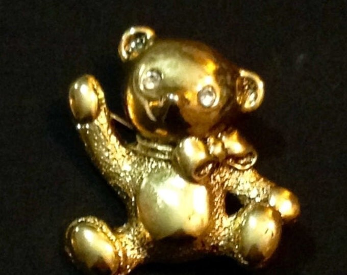 Storewide 25% Off SALE Cute Vintage 1928 Gold Tone Teddy Bear Designer Brooch Pin Featuring Clear Glass Recessed Eyes & Textured Finish