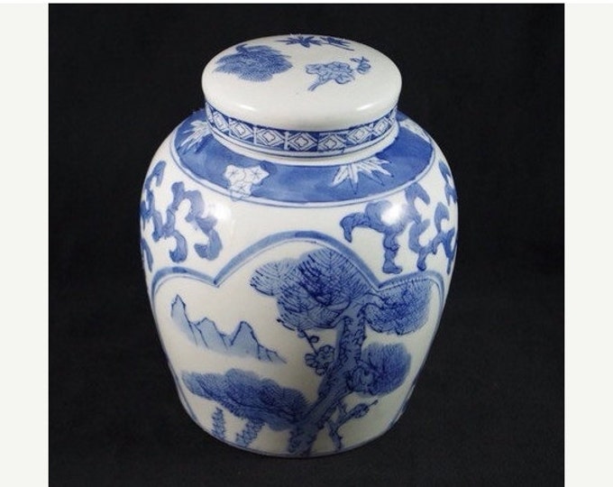 Storewide 25% Off SALE Vintage Blue Decorative Ceramic Asian Ginger Jar Featuring Hand Painted Imperial Landscape Design