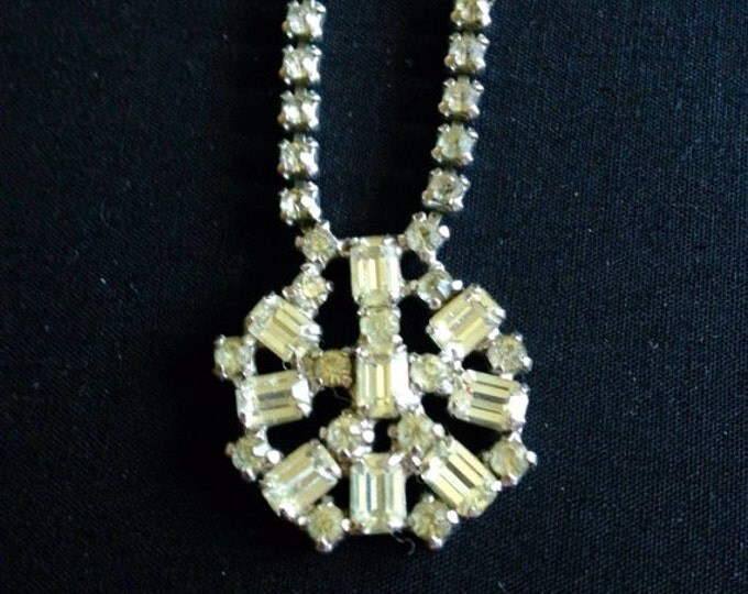 Storewide 25% Off SALE Vintage Silver Tone Pendant Style Designer Tennis Necklace Featuring Beautiful Prong Set Clear Rhinestone Accents