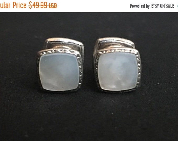 Storewide 25% Off SALE Vintage Silver Tone Mother Of Pearl Inlaid Designer Cufflinks Featuring Snap Lock Design