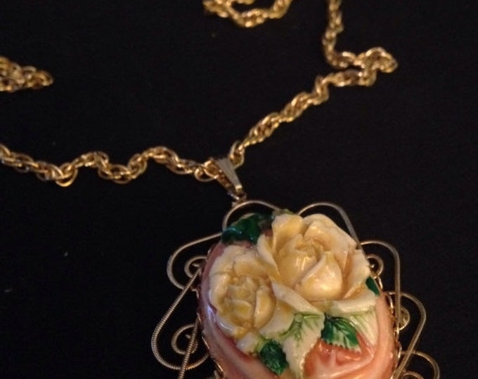 Storewide 25% Off SALE Beautiful Vintage Capodimonte Style Raised Porcelain Rose Pendant Featured with Gold Rope Style Chain
