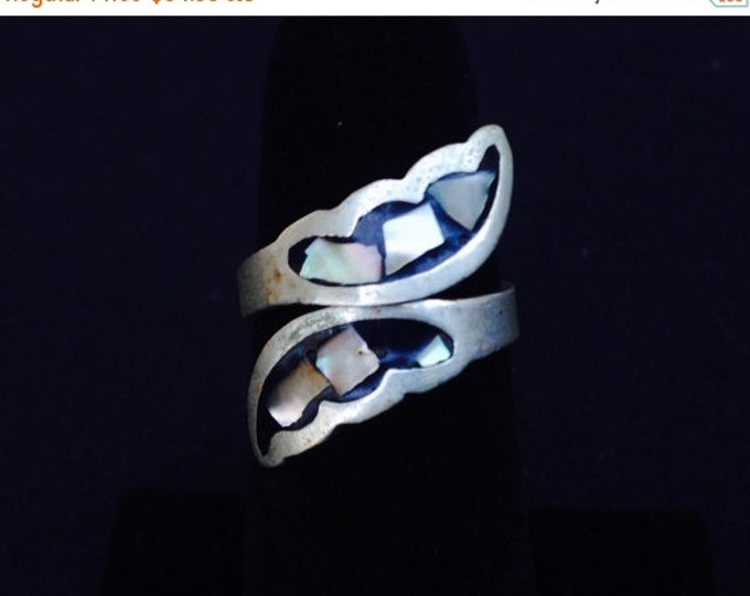 Storewide 25% Off SALE Vintage Alpaca Mexican Silver Mother Of Pearl Inlaid Adjustable Designer Ring Featuring Free Flowing Wingback Design