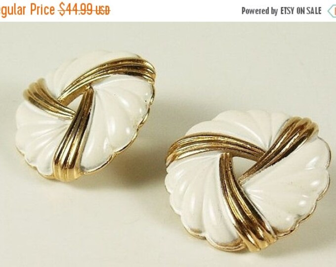 Storewide 25% Off SALE Beautiful Vintage Mid Century Trifari Signed Circular Stylish Earrings Designed of Gold Tone & Cream Colored Swirl En