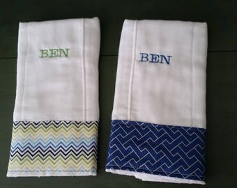 Set of 2 Embroidered Burp Cloths - Baby Boy Chevron