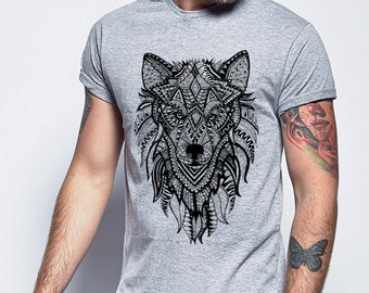 Wolf Print T-shirt, Wolf Tshirt, DTG Printed Tshirt, Wolf Illustration, Ornate Wolf, Ornate Wolf Tshirt, Mens Tshirt, Wolf Tee, Tee shirt