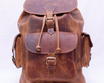 3 Pocket Leather Backpack | Tan or Brown, LARGE | Original Design | 3 Front pockets | Day Bag | Fit 15" / 13" Laptop