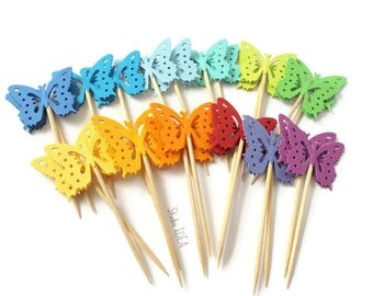 Double sided Rainbow Assorted Monarch Butterfly Cupcake Toppers, Food Picks-Set of 12pcs, 24 pcs