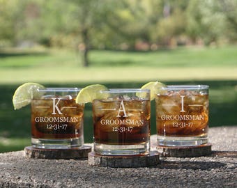 6 Groomsmen Scotch Glasses, Whiskey Glass, Groomsmen Gift, Groomsman Rocks Glass, Wedding Party Favors, Rustic Groomsman Glass, Bourbon