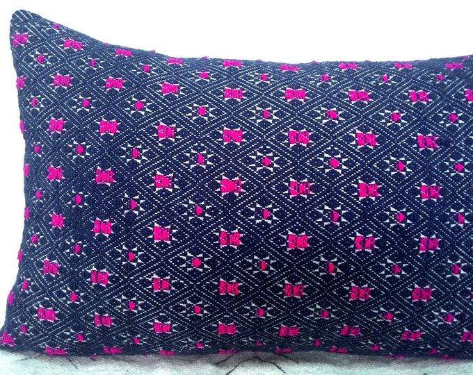 20% OFF SALE Indigo & Pink Vintage Chinese Wedding Blanket Pillow Cover / Boho Ethnic Miao Dowry Textile / Handwoven Lumbar Cushion Cover