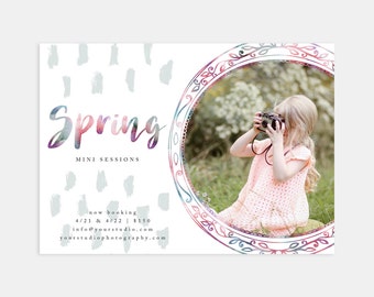 Watercolor Frame Spring Mini Session Marketing Template for Photographers - 7x5 Size - for Blogs Facebook Instagram Pinterest Print Flyers