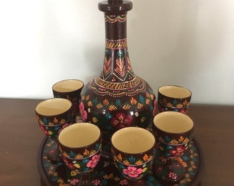 Vintage Wooden Ukrainian Art Hand-Painted Decanter Set with 6 Goblets and Plate 1970s M725