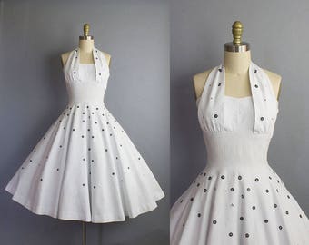 1950s halter sundress/ 50s rhinestone studded white cotton dress/ medium (36b/28w)