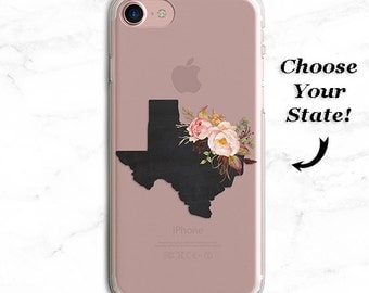 Custom Floral State iPhone 7 Case, Personalized iPhone Cover, Texas, California, Clear Plastic Case, iPhone 6 plus, s5, s6, s7, note 5