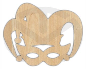 Unfinished Wood Mardi Gras Mask with Jester Hat Laser Cutout, Home Decor, Various Sizes, Wreath accent, Door Hanger