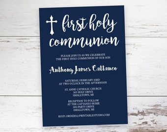 Navy and White First Communion Invitation - Printable First Communion Invitation by Printable Studio