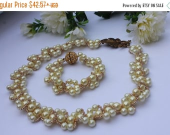 SALE Wedding jewelry vintage inspired necklace bridal statement Bohemian chic Wedding jewelry set Pearl necklace beige bride B