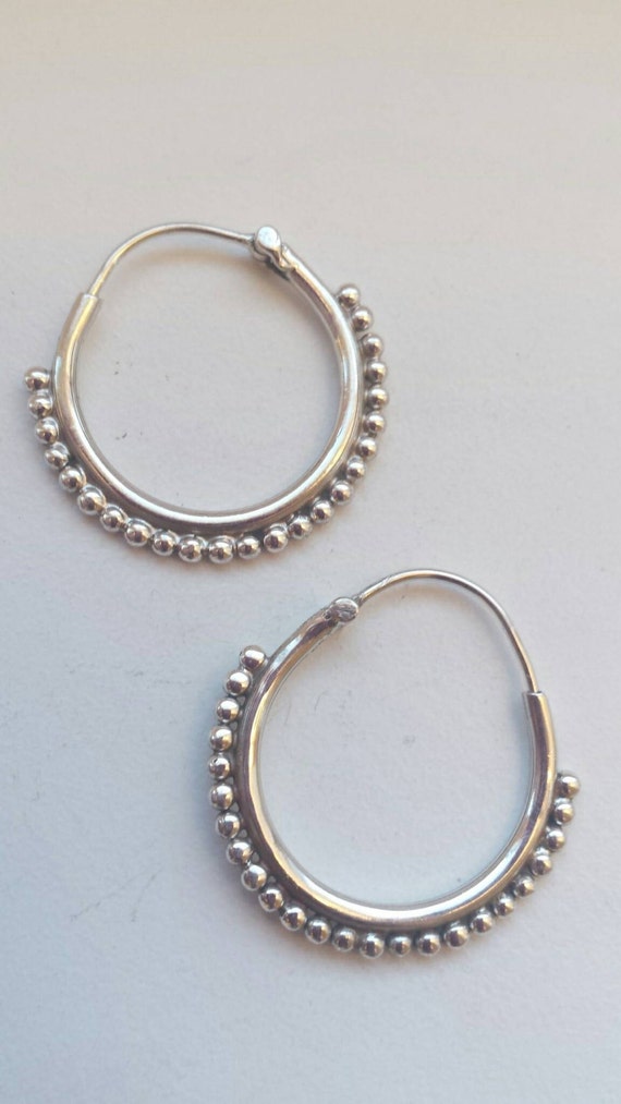 Sterling Silver 925 Small Ball Hoop Earrings Tribal Ethnic
