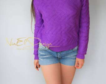 PURPLE Knitted Sweater.Knit top.Knit Floral Sweater.Pullover.Hand Knit Pullover.Womens sweater.Womens pullover. Floral pattern.