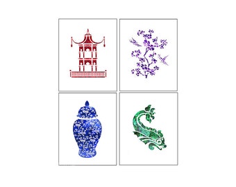 Chinoiserie Art Prints Pagoda Ginger Jar Koi Fish Blue and White Jar Amethyst Emerald Ruby Red Sapphire Blue Nature Birds Fish Chinese Jewel