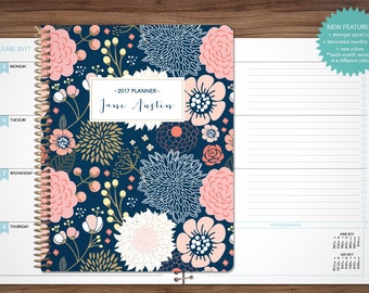planner 2017 2018 student planner HORIZONTAL LAYOUT - TABS weekly calendar agenda daytimer / navy pink gold floral as seen on dr oz magazine