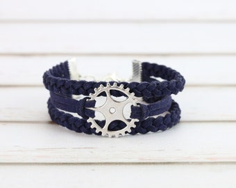 Gear charm bracelet Steampunk jewelry Cogwheel charm Braided suede bands Cycling gear Bike sprocket Gift for cyclist Friendship bracelet