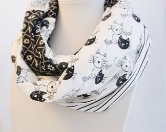 Infinity scarf with cats. Hipster scarf, patchwork scarf, scarf with cats, Scarf for spring, Mother'd day gift, black and white scarf,