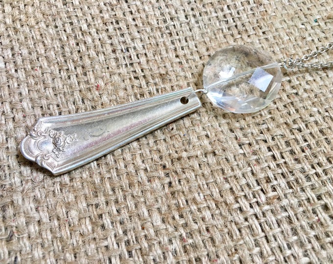 Spoon Necklace, Crystal Necklace, Sterling Silver, Silverware Jewelry, Spoon Jewelry, Stone Necklace, Spoon Handle Pendant, Beaded Necklace