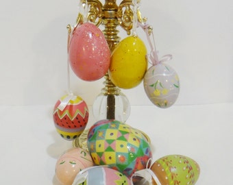 8 Easter Eggs Decoupage or Hand Painted Large Bright Colors Ornaments w/ Hanger Lightweight Great for Tree