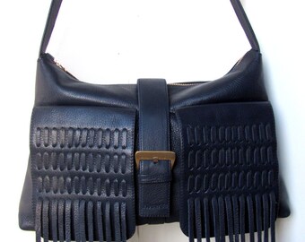 Leather bag Handmade Women fringe bag Shoulder bag Navy Handbag Custom color Сhristmas gift Gift for mam Gift for her Boho