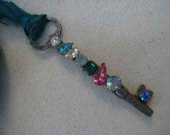 Vintage Necklace, Vintage Key, Vintage Crystals, OOAK, Repurposed, Upcycled, Reclaimed, Vintage Assemblage,Recycled, Blue Sari Silk /N115