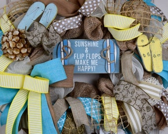 Flip Flops Beach Themed Turquoise and Yellow Burlap and Mesh Wreath; Nautical Wreath; Shore Wreath; Beach House Wreath; Shore House Wreath