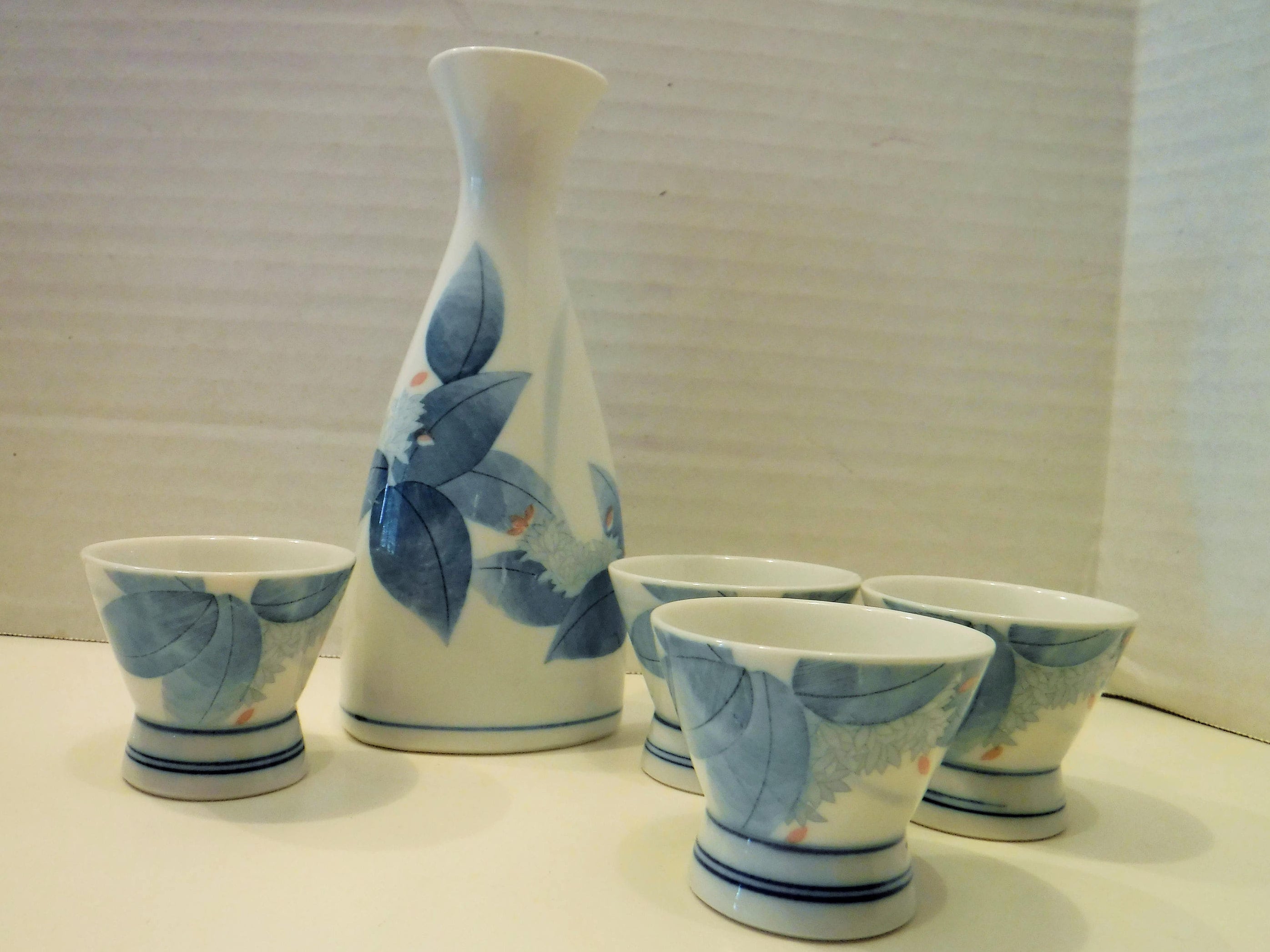 Sake Set Vintage White and Blue Sake set of 5 Japanese