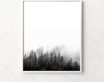Forest print, forest art, black and white forest, minimalist landscape, trees, forest fog, top selling, nature photography, nature prints