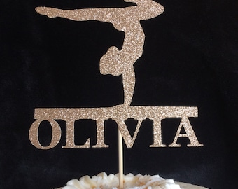Gymnastics cake topper, personalized glitter topper, party centerpiece with name, custom cake topper, party supplies, made by papersbloom
