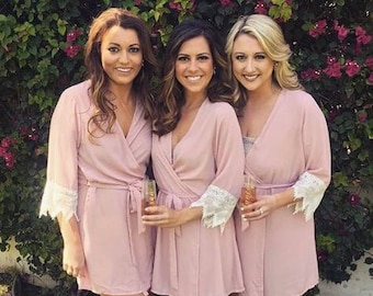 Blush Rose Robe with Lace Trim Sleeves
