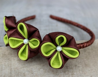 Fabric flowers headband Birthday Baby girl christmas gifts for her Cute gifts for teen girl Kanzashi child headband Green brown accessory