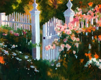 Garden Gate Painting, Floral Painting, Garden Oil Painting, Spring Flowers