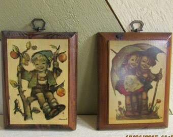 Print Wood Picture VTG Hummel Print Picture VINTAGE Paire de Cadre De Bois Décoration De Chambre Enfant Collection Hummel Tenture Murale