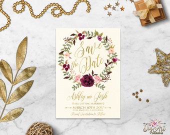 Boho Save the Date card Printable Save the Date Burgundy Blush Gold Floral Save the Date Rustic Peony Save the Date Digital files or Printed