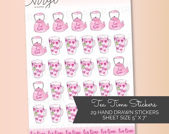 It's Tea Time! Tea Cups and Tea Kettle Hand-Drawn Tea Stickers for your Planner! Tea time sticker sheet - choose Matte or Glossy Stickers